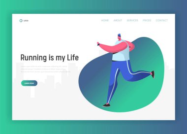 Sayfa şablonu iniş insanlar çalışıyor. Kardiyo fitness ve egzersiz açık havada kavram çalışmaları. Adam eğitim sağlıklı yaşam tarzı web sitesi veya web sayfası için. Vektör çizim