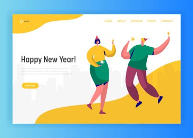 Kurumsal yeni yıl partisi açılış sayfası şablonu. Şapkalı kutluyor ve tost Web sitesi veya web sayfası için olan mutlu insanlar karakterler. Kolay düzenleme. Vektör çizim