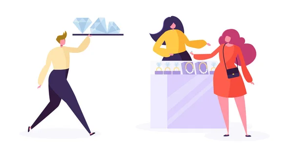 Concepto de industria joyera. Joyero vendedor con diamantes en la tienda. Personaje de mujer comprando joyas de lujo en la tienda de piedras preciosas. Ilustración vectorial — Archivo Imágenes Vectoriales