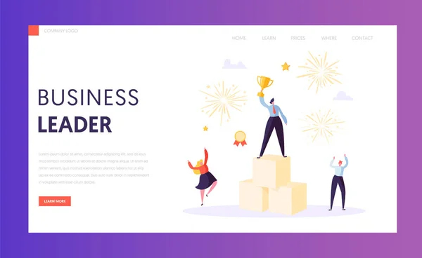 Éxito empresarial, liderazgo, plantilla de landing page de logros. Personaje de hombre de negocios con premio, trabajo en equipo exitoso para el sitio web o la página web. Ilustración vectorial — Archivo Imágenes Vectoriales