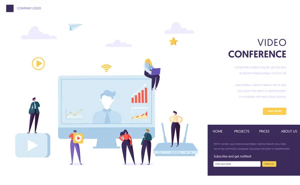Video conference landing page template. Business People characters communication webinar, online education for website or web page. Vector illustration — Stock Vector