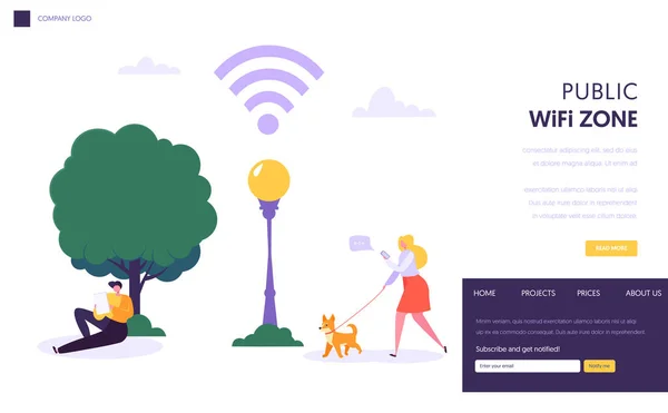 Wifi modello di pagina di destinazione della rete wireless. Zona wi-fi pubblica in parco con personaggi che utilizzano dispositivi mobili per il sito web o la pagina web. Illustrazione vettoriale — Vettoriale Stock