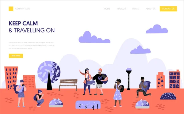 Plantilla de landing page de turismo y viajes. Personajes de personas planas viajando en concepto de vacaciones. Hombre y mujer con cámara fotográfica para sitio web o página web. Ilustración vectorial — Archivo Imágenes Vectoriales