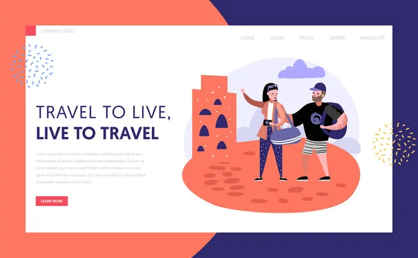 Tourism and travel landing page template. Flat people characters travelling on vacation concept. Man and woman with photo camera for website or web page. Vector illustration — Stock Vector