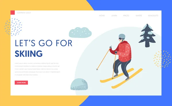 Estación de esquí Vacaciones de invierno Landing Page Template. Hombre Activo Esquí de Carácter en Montañas para Sitio Web o Página Web. Concepto de actividades al aire libre. Ilustración vectorial — Archivo Imágenes Vectoriales