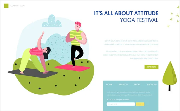 Yoga in park landing paginasjabloon. Outdoor training actieve mensen tekens mediteren, yoga voor website of web pagina doen. Eenvoudig bewerken. Vectorillustratie — Stockvector