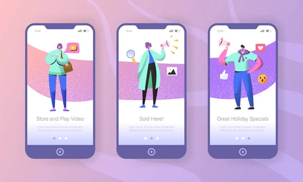 Marketing social onboarding telas de aplicativos móveis. Personagens masculinos e femininos promovendo on-line em redes sociais usando smartphone e megafone para site ou página da web. Ilustração vetorial — Vetor de Stock