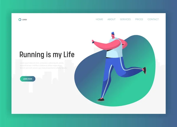 Ejecutando plantilla de landing page de personas. Ejercicios cardiovasculares fitness y entrenamiento al aire libre concepto. Hombre entrenamiento estilo de vida saludable para el sitio web o página web. Ilustración vectorial — Archivo Imágenes Vectoriales