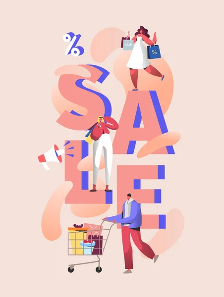 Μεγάλη πώληση αφίσα με τους πελάτες και τσάντες αγορών. Άνδρας και γυναίκα χαρακτήρες σε έκπτωση εκδήλωση για banner, διαφημίσεις, προώθηση Φέιγ βολάν. Εικονογράφηση διάνυσμα — Διανυσματικό Αρχείο