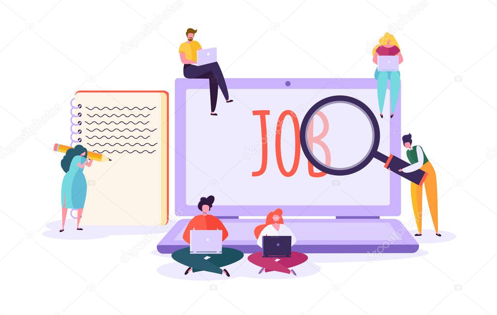 Job search candidate concept. Characters using laptop searching for job. Recruitment agency hiring technology, human resources. Vector illustration