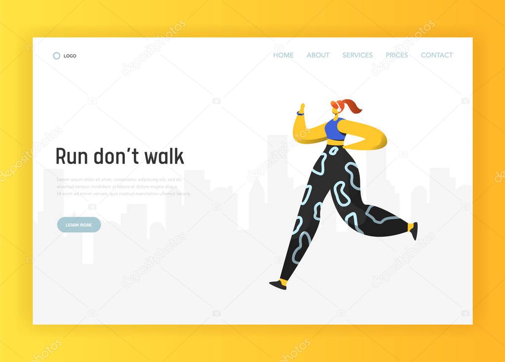 Running people landing page template. Cardio exercises fitness and workout outdoors concept. Woman training healthy lifestyle for website or web page. Vector illustration
