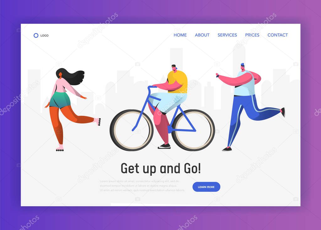 Active people sports landing page template. Happy characters riding bicycle, running, healthy lifestyle concept for website or web page. Easy edit. Vector illustration