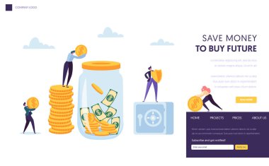 Para güvenli açılış sayfası şablonunu kaydedin. Adam Doları para kavanoza koyarak. Mali güvenli kavramı Banner Web sitesi veya Web sayfası için. Düz çizgi film vektör çizim