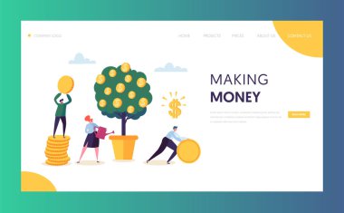 İş finansal büyüme sermaye Web sitesi şablonu. Kadın para ağaç sulama. Altın sikke toplama karakter takım. Para kar, açılış sayfası için gelir kavramı. Düz çizgi film vektör çizim
