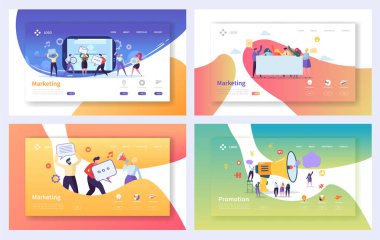 Açılış sayfası kümesini dijital reklam pazarlama. Sosyal iletişim iş karakter kavramı. Web sitesi veya Web sayfası için online medya stratejisi. Düz çizgi film vektör çizim