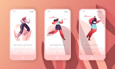 Fitness karakter çalıştırmak sayfa şablon kümesi iniş. Kardiyo spor eğitim egzersiz. Web sitesi veya Web sayfası için sağlıklı yaşam konsepti. Düz çizgi film vektör çizim