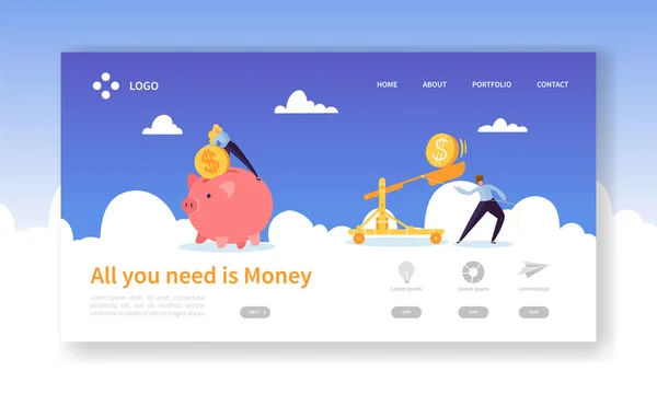 Argent Pig Saving for Profit Landing Page. Dépôt de Finances Gagnant avec Icône de Pièce. Symbole d'investissement financier pour le site Web ou la page Web. Illustration vectorielle de dessin animé plat — Image vectorielle