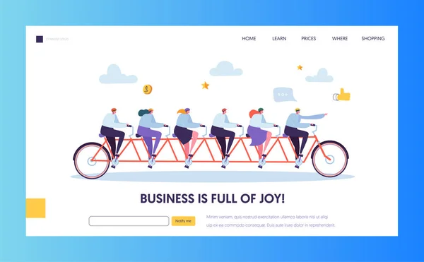 Líder Empresário Apontando para a frente Direção Landing Page. Equipe em bicicleta Seguindo o CEO para o Sucesso Alvo. Conceito de Objetivo de Conquista para Site ou Página Web. Desenhos animados plano Vector Ilustração — Vetor de Stock