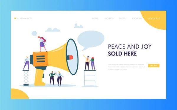 Advertising Mass Marketing Landing Page Website Template Design. Woman Scream Loudspeaker to Group of People for Web Page. Flat Cartoon Vector Illustration Character — Stock Vector