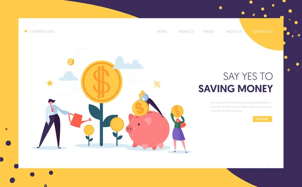 Money Profit Grow Business Landing Page. Concetto finanziario di investimento. Persone Aumento di Capitale e Profitti Irrigazione Albero Personaggi per Sito Web o Pagina Web. Illustrazione del vettore del fumetto piatto — Vettoriale Stock