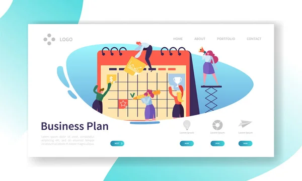 Plantilla de landing page de Business Calendar Plan. Programar Concepto con Personajes Trabajando con Planificador. Flat People Trabajo en equipo con horarios de sitio web o página web. Ilustración plana del vector de la historieta — Vector de stock