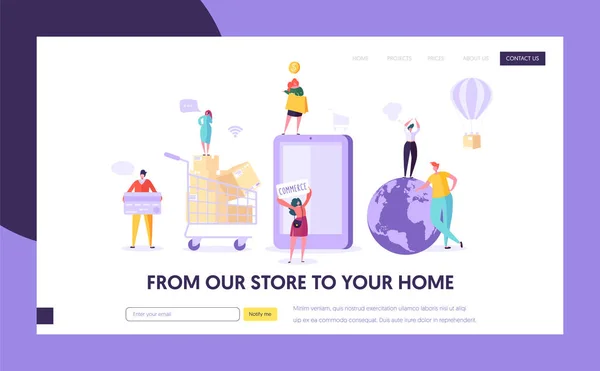 E-Commerce Store Global Shopping Landing Page. Frauen kaufen online per Smartphone ein. E-Commerce Einzelhandel, Vertriebskonzept. Online-Bestellung für Website oder Webseite. flache Zeichentrickvektorillustration — Stockvektor