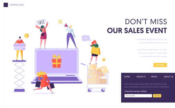 Loja online Venda Landing Page Template. Mulher Loja Online Usando Laptop. Comércio eletrônico, Consumismo, Conceito de varejo. Compras de Personagens Compras para Site ou Página Web. Desenhos animados plano Vector Ilustração —  Vetores de Stock