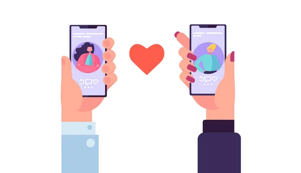 Smartphone-Dating-Anwendung, um die Liebe zu finden. Hände halten Handy mit Mann und Frau Profil Romantik-App. Kommunikation sozialer Beziehungen. flache Zeichentrickvektorillustration — Stockvektor