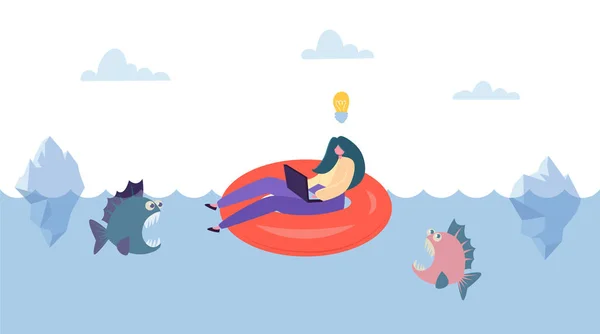 Idea creativa Save from Business Competition. Mujer de negocios Caracter Swim on Innertube above Danger Fish. Fearless Creativity Concept. Ilustración plana del vector de la historieta — Archivo Imágenes Vectoriales