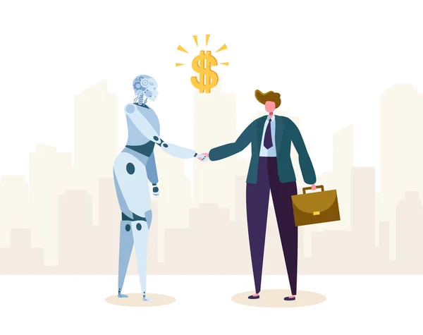 Robot en zakenman maken akkoord over partnerschap door Handshake. AI karakter Partner Help bedrijfsautomatisering en groei. Machine technologie evolutie. Platte Cartoon vectorillustratie — Stockvector