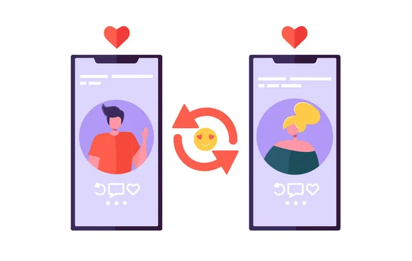 Online-Dating-Chat-App für Romantik-Verbindung. Männer und Frauen flirten auf dem Smartphone-Bildschirm. modernes soziologisches Kommunikationskonzept. flache Zeichentrickvektorillustration — Stockvektor