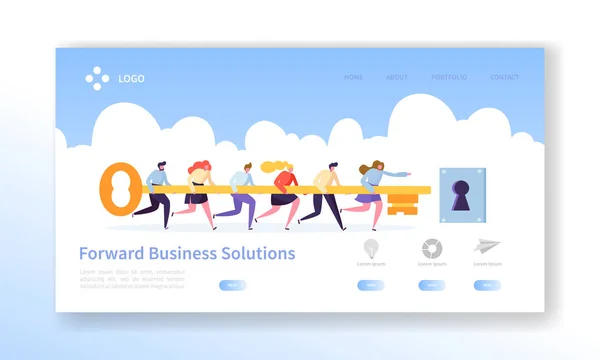 Plantilla de landing page clave de éxito empresarial. La cooperación y el trabajo en equipo son secretos para la estrategia de trabajo de motivación para el sitio web o la página web. Ilustración plana del vector de la historieta — Archivo Imágenes Vectoriales