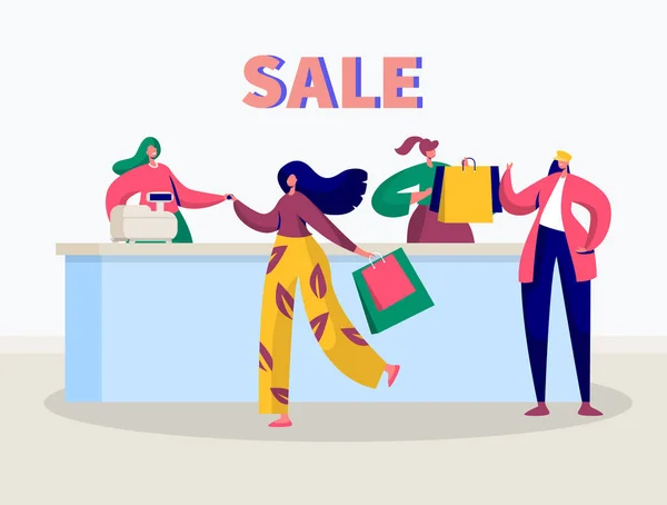 Venta de tienda Comprar Banner de carácter. Mujer Compras con tarjeta de descuento Concepto. Pago de cliente de moda sin conexión. Ilustración plana del vector de la historieta — Archivo Imágenes Vectoriales