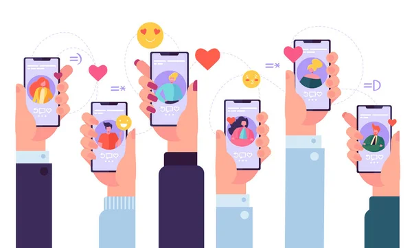 Aplicativo de serviço de encontros online móvel. Muitas mãos segurando Smartphone com Man and Woman Perfis Romance App. Comunicação de Relacionamento Social. Desenhos animados plano Vector Ilustração —  Vetores de Stock