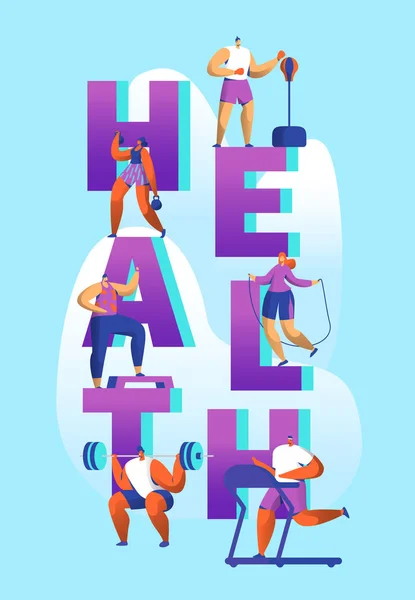 Healthy Lifestyle Sport Banner. Cardio Gym Training Characters Workout Concept for Poster Print. Man and Woman with Dumbbell. Flat Cartoon Vector Illustration