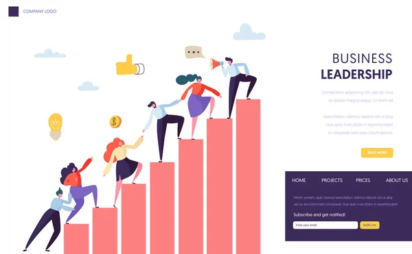 Business-ledare hjälp Team når upp webbplatsen. Personer som klättrar upp i diagrammet. Karriärstegen med tecken. Lagarbete, partnerskap koncept för webbplats eller webbsida. Flat tecknade vektorillustration — Stock vektor