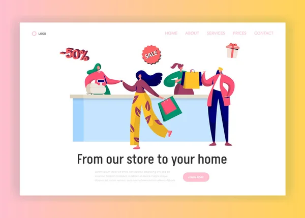 Tienda Venta Compra Landing Page Template. Mujer Compras con tarjeta de descuento Concepto. Cliente fuera de línea para sitio web o página web. Ilustración plana del vector de la historieta — Archivo Imágenes Vectoriales