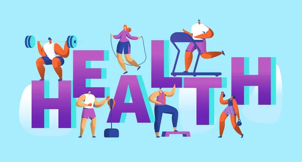 健康的生活方式运动横幅。有氧健身房训练人物锻炼概念海报打印。男人和女人与哑铃。平面动画片向量例证 — 图库矢量图片