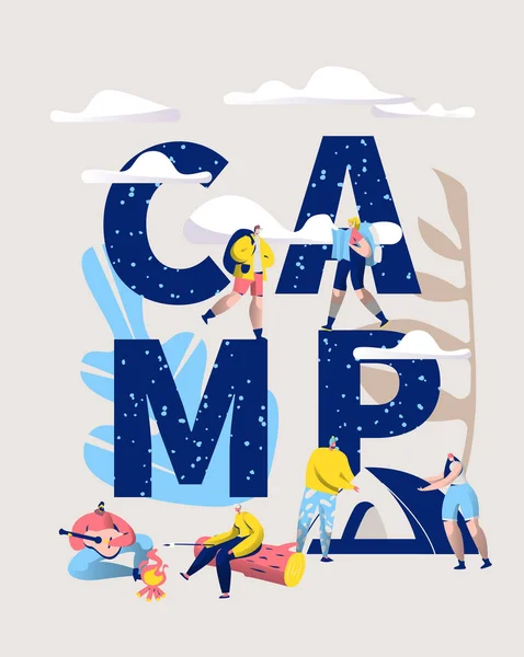 Campamento Aventura Banner Tipo Carta. Camping Cartel Vertical con Personajes de Diseño para Sitio Web o Imprimir. Vacaciones de verano en la naturaleza haciendo fuego. Ilustración plana del vector de la historieta — Archivo Imágenes Vectoriales