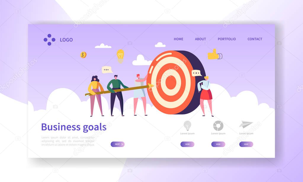 Business Goal Achievement Landing Page. Website Layout with Flat People Characters Aiming Target. Success Concept for Website or Web Page. Flat Cartoon Vector Illustration