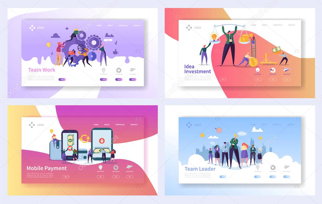 Business Teamwork Landing Page Template Set. Mobile Payment Concept. Ledaership Character Design. Partnership Networking Cooperation for Website or Web Page. Flat Cartoon Vector Illustration