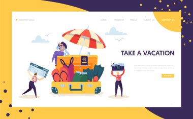 Açılış sayfası tatil için mutlu iş karakter paketi. Kumsala hareketli ofis çalışanları seyahat Holding kamera ve Uçak Bilet kavramı Web sitesi veya Web sayfası için. Düz çizgi film vektör çizim