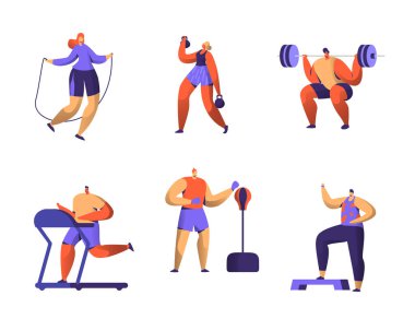 Spor Salonu Fitness karakter kümesi. Spor kardiyo egzersiz erkek ve kadın resim koleksiyonu. Sağlıklı aerobik halterci, boksör sporcu antrenör düz vektör çizim