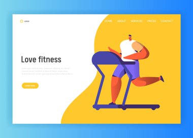 Fitness karakter tasarımı için açılış sayfası çalıştırıyor. Adamın yarışı spor salonunda koşu. Sağlıklı Kent egzersiz eğitim yaşam tarzı web kavramı. Düz çizgi film vektör çizim