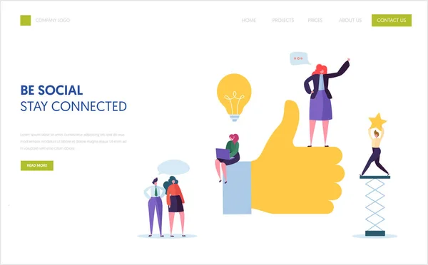 Plantilla de landing page de Social Media Marketing. Los personajes del equipo de la agencia trabajan la publicidad digital en línea para el Web site o el diseño de la bandera de la estrategia de comunicación del negocio. Ilustración de vectores planos — Vector de stock