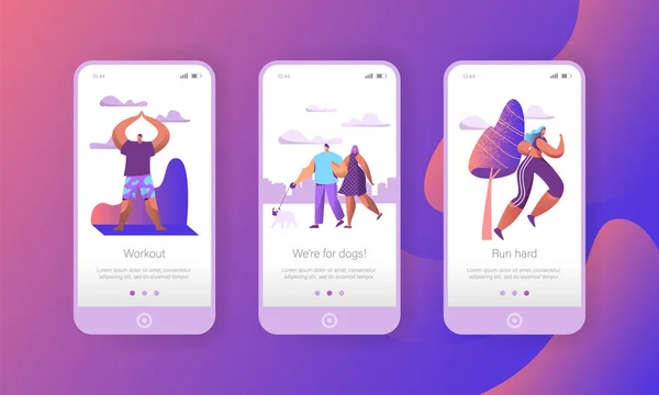 Urban Weekend Lifestyle di Park Mobile App Page Onboard Screen Set. Yoga bermeditasi, Run, Walk Dog Summer Morning Activity Outdoor Concept for Website atau Web Page. Ilustrasi Vektor Karakter Datar - Stok Vektor