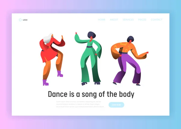 Página de Desembarque de Dança de Personagem de Dançarina Retro. Man and Woman Dancing on Music Party, Nightlife Concept for Website Template (em inglês). Desenhos animados plano Vector Ilustração — Vetor de Stock