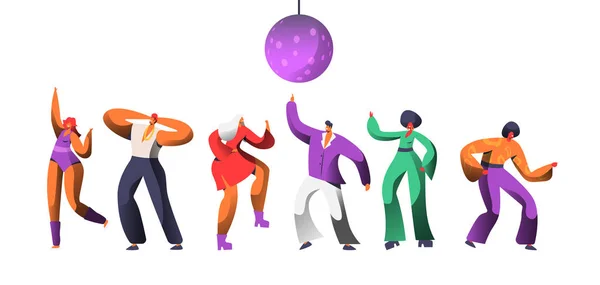 Disco Character Dance (em inglês) no Retro Concert. Disco Ball Over Group of People Dancing (em inglês). Happy Man Woman Clubbing Nightlife Concept for Print Banner (em inglês). Desenhos animados plano Vector Ilustração —  Vetores de Stock