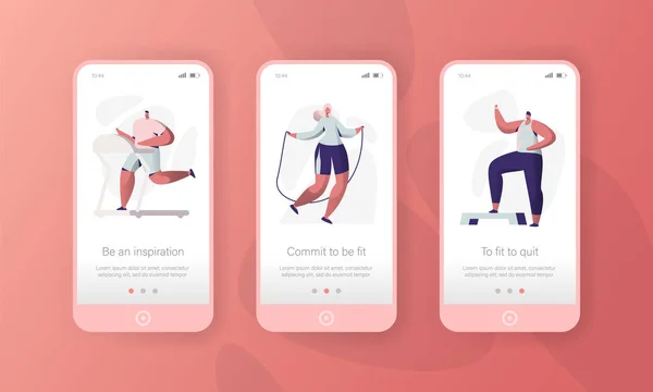 Sport Gym Character Mobile App Page Onboard Screen Set. Fitness Cardio Trainer Man and Woman Workout Application Ui. Healthy Lifestyle Concept for Website or Web Page. Flat Vector Illustration