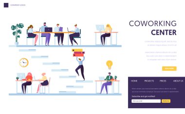 Açılış sayfası ofis coworking. İnsanlar Freelancer karakter iş dizüstü bilgisayar tarafından. İş takım dış kaynak birlikte Loft çalışma alanı Web sitesini aç veya Web sayfası şablonu. Düz vektör çizim